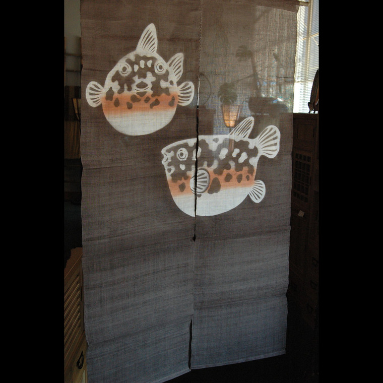Japanese Noren Curtain — Linen with Fugu Blowfish Motif, Earth-Tone Variation (SKU: 07DA02B) - 1 Japanese Noren Curtain — Linen with Fugu Blowfish Motif, Earth-Tone Variation (SKU: 07DA02B) - 1