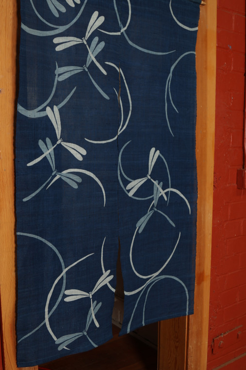 Organic cotton Easyストレート SRN02 ヴィンテージブルー Japanese style linen noren, door way curtain. dragonflies on blue