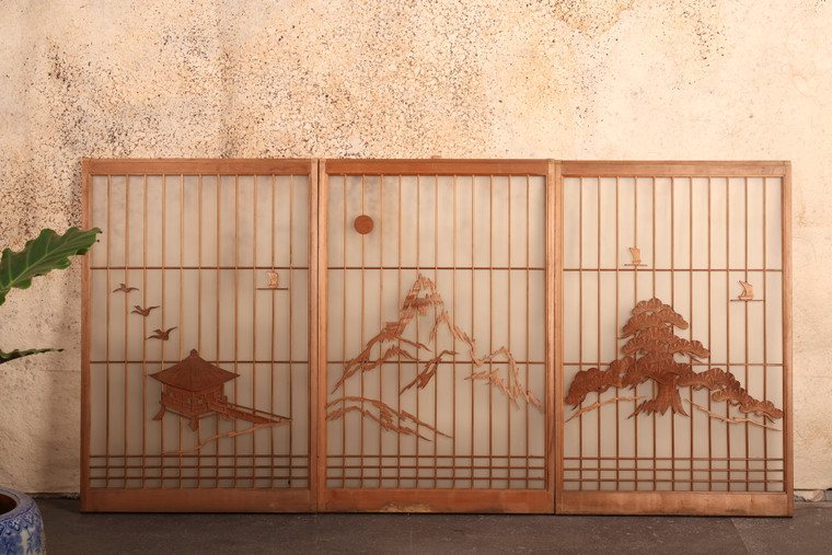 Vintage Japanese Shoin 3 Panels Ranma Lattice (24J-459)