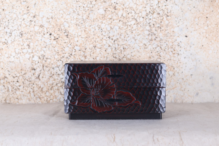 Japanese Kamakura Carving Small 3 Drawers Box Peony Design(24N-226-4)
