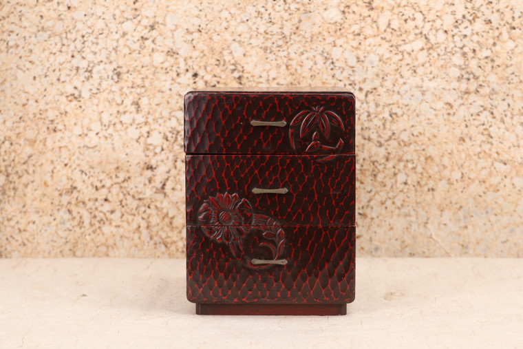 Japanese Kamakura Ko Bako Carving Small 3 Drawers Box — 1980, Showa Era(24N-83-4) - 1