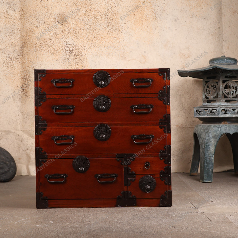 Antique Japanese Ko Tansu Small Lacquered Chest With Crane Plum And Matsu Motif Kanagu Drawers — Kiri (SKU: 25S-G430) - 