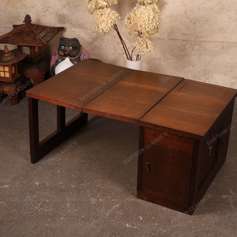 Vintage Japanese Folding Table With Multi-Sized Drawers and A Small Mirror — Wood, 1950, Showa Era (SKU: 25S-787) - 13