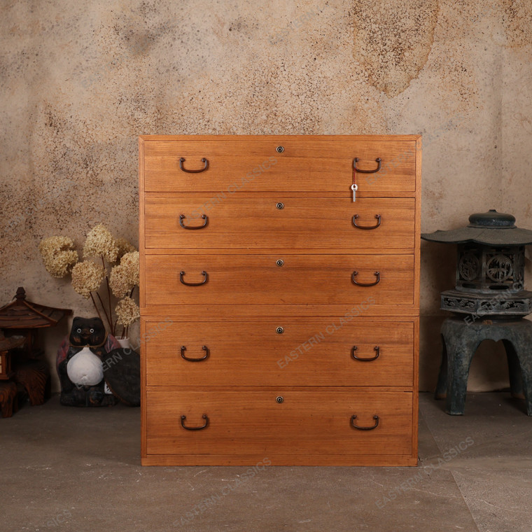 Antique Japanese Kimono Tansu Section Chest With Drawers And Contemporary Style Tansu Pulls — Kiri (SKU: 25S-A400) - 1