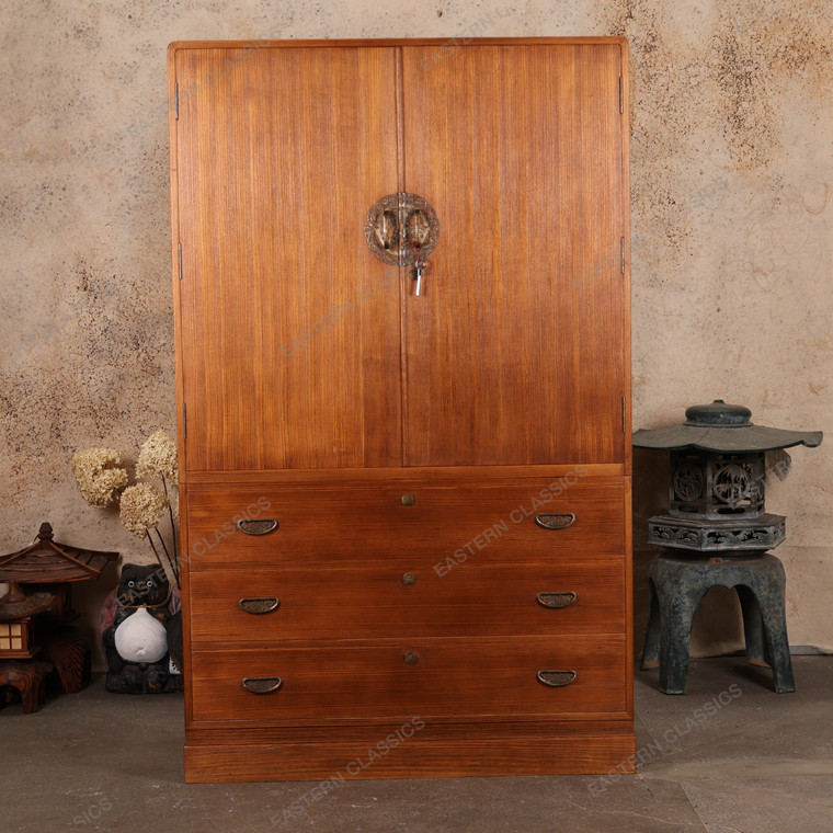 Antique Japanese Section Kamo Tansu Chest With Sukashi Bori Hardware And Warabite Pull Drawers — Kiri (SKU: 25S-A461) - 1