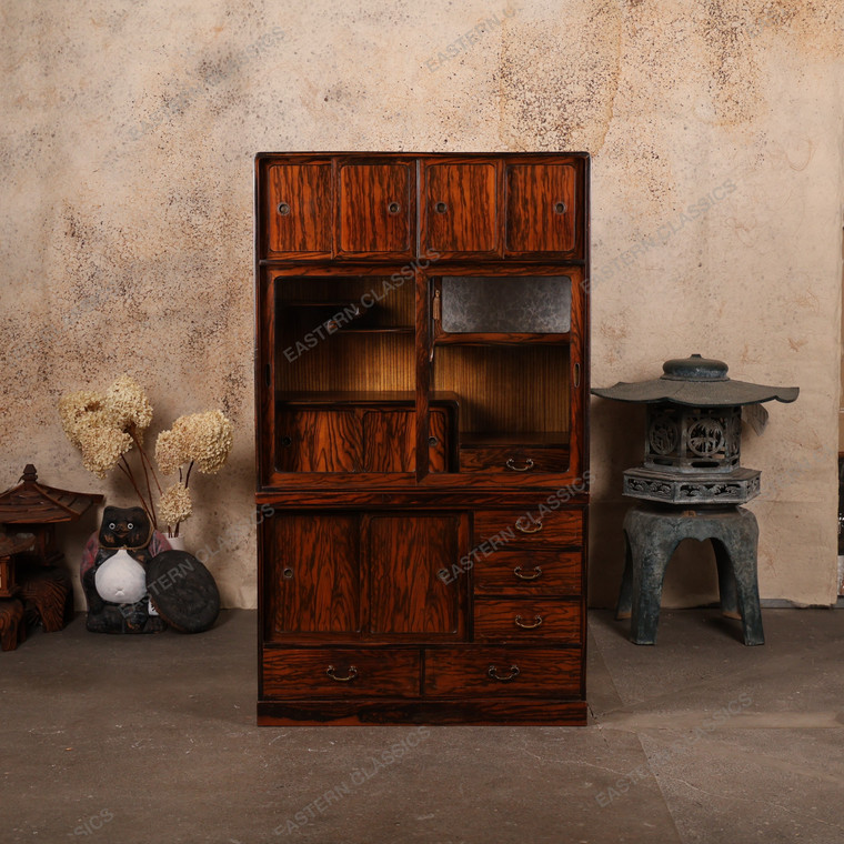 Antique Japanese 2-Section Cha Tansu – Persimmon Wood Tea Chest with Glass Sliding Door, 1920, Taisho Era (SKU: 25S-C400) - 1