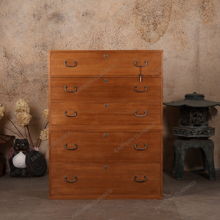 Antique Japanese Section Tansu Chest With Full Width Simplified Tansu Pull Drawers — Kiri (SKU: 25S-A487) -