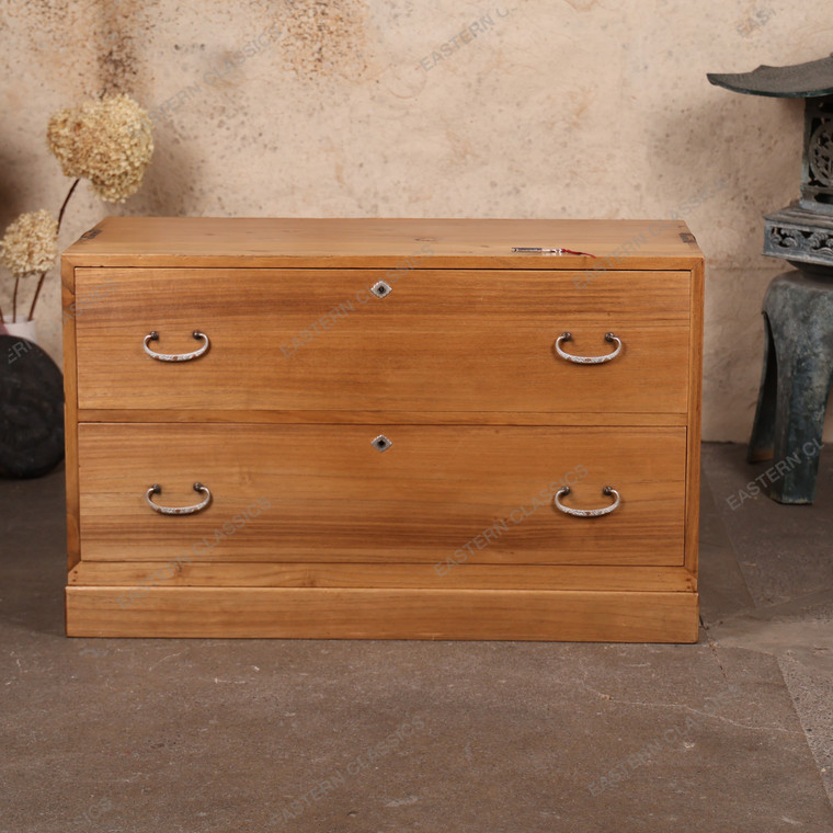 Antique Japanese Ko Tansu Small Chest With Floral Warabite Kanagu Hardware — Kiri (SKU: 25S-G408) -