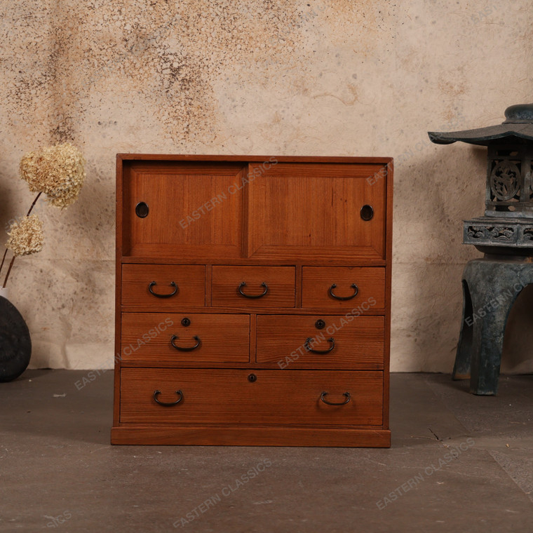Antique Japanese Ko Tansu Small Chest With Sliding Hikido Door And Warabite Pull Drawers — Kiri (SKU: 25S-G435) -