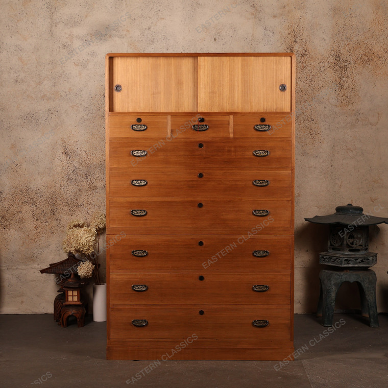 Vintage Japanese Section Kamo Tansu Chest With Hikido Karakusa Kanagu And Warabite Pull Drawers — Kiri (SKU: 25S-A455) - 