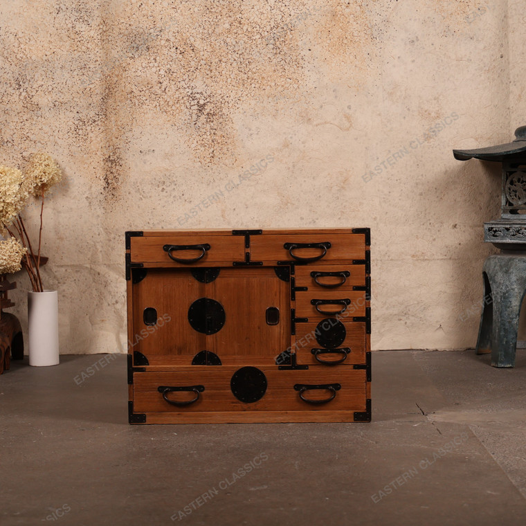 Vintage Japanese Ko Tansu Small Chest With Hikido Sliding Door And Multi-Sized Warabite Pull Drawers, 1980s, Meiji Era (SKU: 25S-G403) - 1
