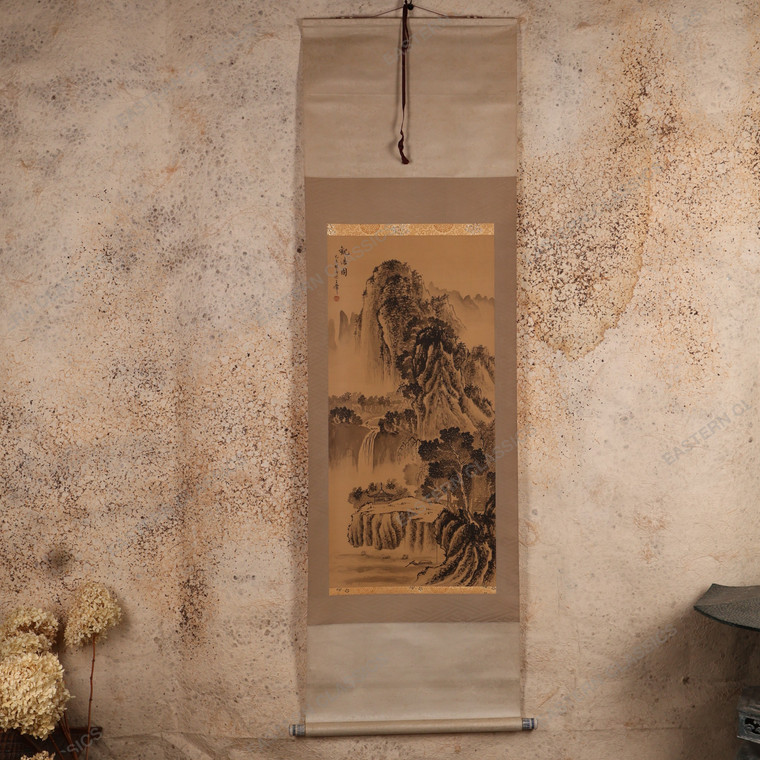 Vintage Japanese Scroll Painting "Kakejiku" With Landscape Of Mountaines And A River — Paper, 1970s, Showa Era (SKU: 25S-1029-5) -  1