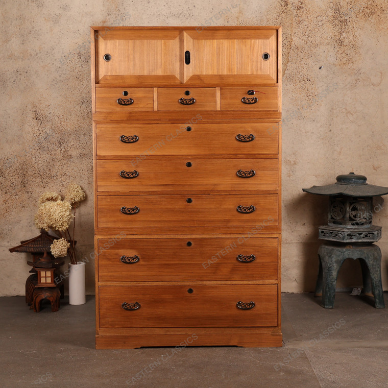 Antique Japanese 3-Section Kimono Tansu – Kiri Wood Chest with Hikido Sliding Door, Karakusa Kanagu & 8 Warabite Pull Drawers, 1910s, Taisho Era (SKU: 25S-A470) - 1
