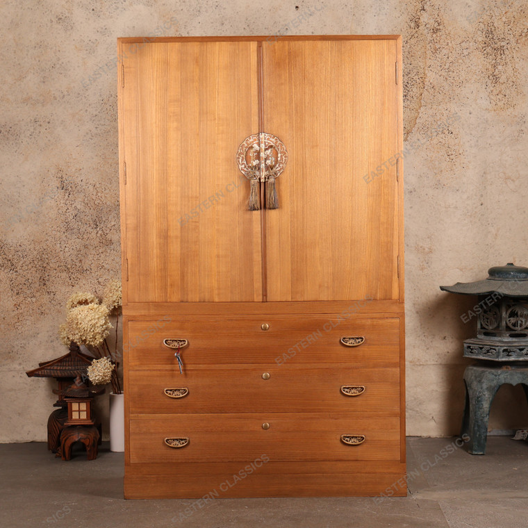 Vintage Japanese 2-Section Kamo Tansu – Kiri Wood Chest with Ume Sukashi-Bori Kanagu & 3 Warabite Pull Drawers, Showa Era (SKU: 25S-A412) - 1