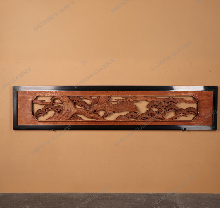 Antique Japanese Ranma Transom With Hawk And Pine Trees — Wood