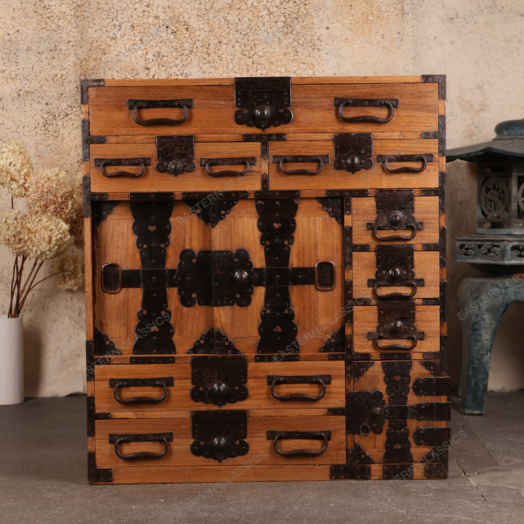 Antique Japanese Ko Tansu Small Chest With Distinctive Hardware On Sliding Door Katabiraki Door And Multi Sized Gunpai… - 