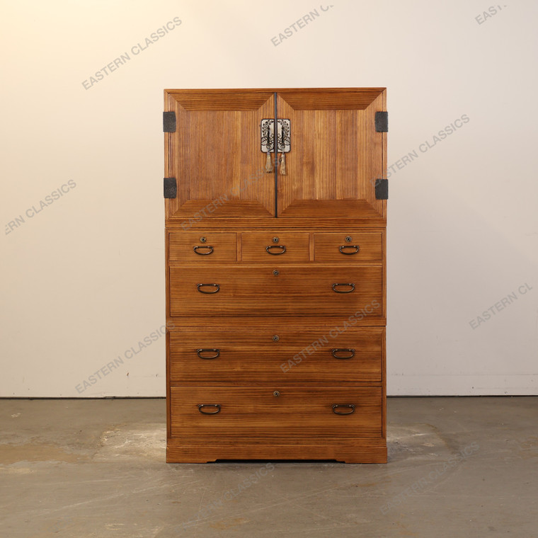 Antique Japanese Three Section Kimono Tansu Chest With Distinctive Kanagu Hardware And Multi Sized Warabite Pull… -