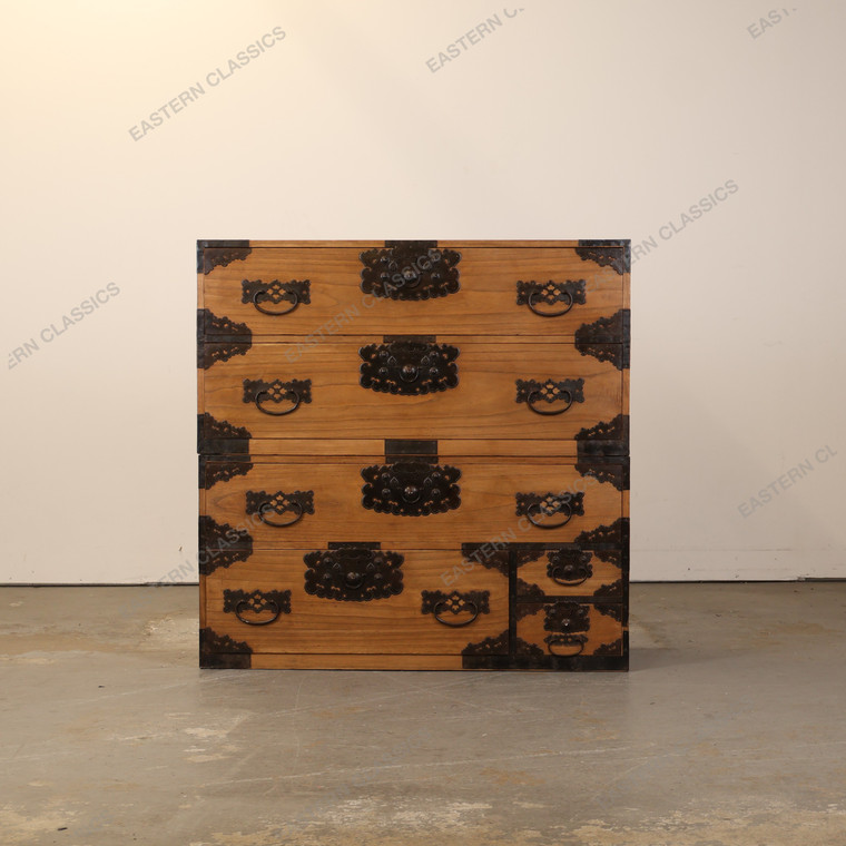 Antique Japanese Two Section Kimono Tansu Chest With Distinctive Kanagu Hardware Multi Sized Drawers (SKU: 25D-B020) -