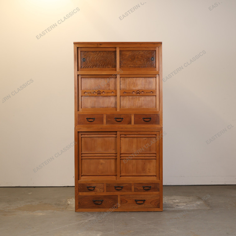 Antique Japanese Two Section Mizuya Kitchen Tansu Chest With Hikido Sliding Doors And Multi Sized Warabite Drawers… -