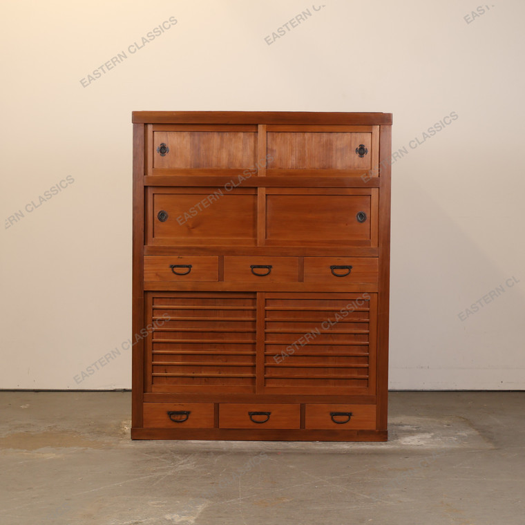 Antique Japanese Mizuya Kitchen Tansu Chest With Multi Sized Hikido Sliding Doors And Warabite Drawers (SKU: 25D-E411) -