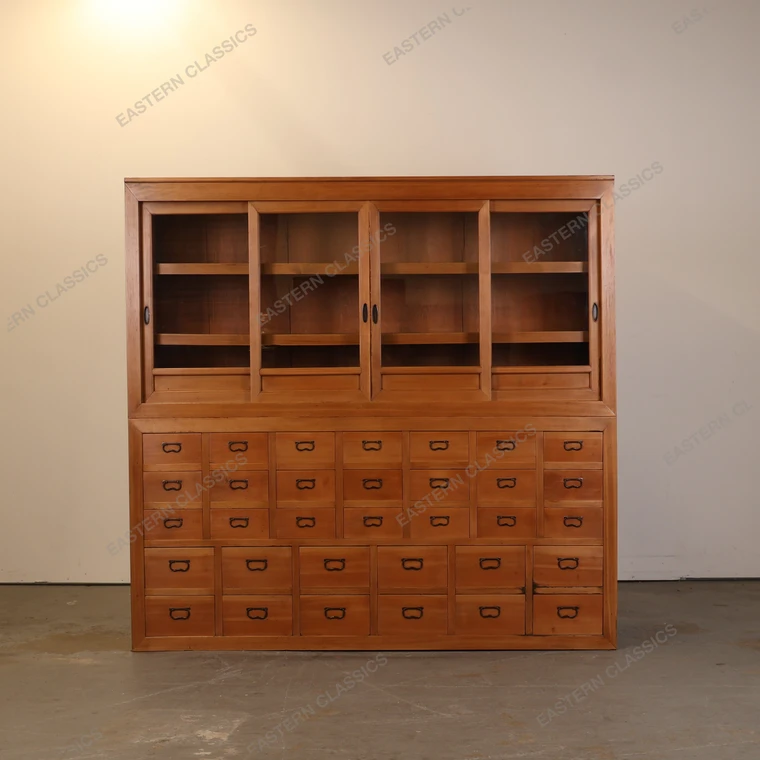 Antique Japanese Kusuri Todana Tansu With Glass Sliding Doors And Many Drawers - Taisho Era (25D-E412) - 1