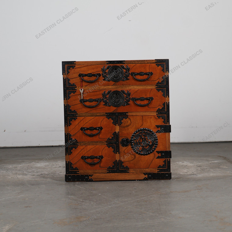 Vintage Japanese Ko Tansu Small Chest With Distinctive Floral Kanagu Hardware Drawers (SKU: 25D-G002) - 