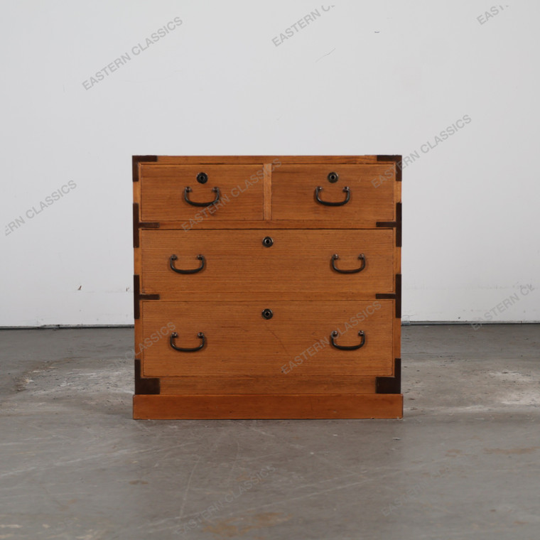 Antique Japanese Ko Tansu Small Chest With Four Simplified Kanagu Hardware Multi Sized Drawers (SKU: 25D-G023) -