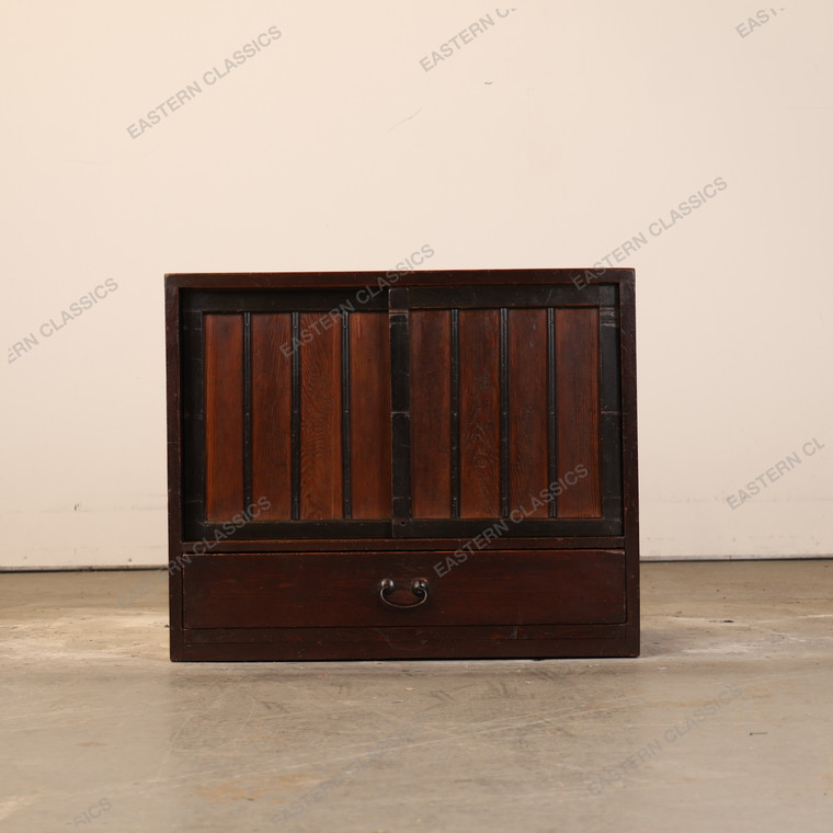Antique Japanese Ko Tansu Small Chest With Hikido Sliding Door And A Warabite Kanagu Hardware Drawer (SKU: 25D-G407) -