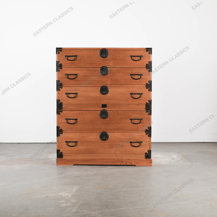 Antique Japanese Two Section Kimono Tansu Chest With Distinctive Hardware On Five Full Width Drawers (SKU: 25D-B002) - 