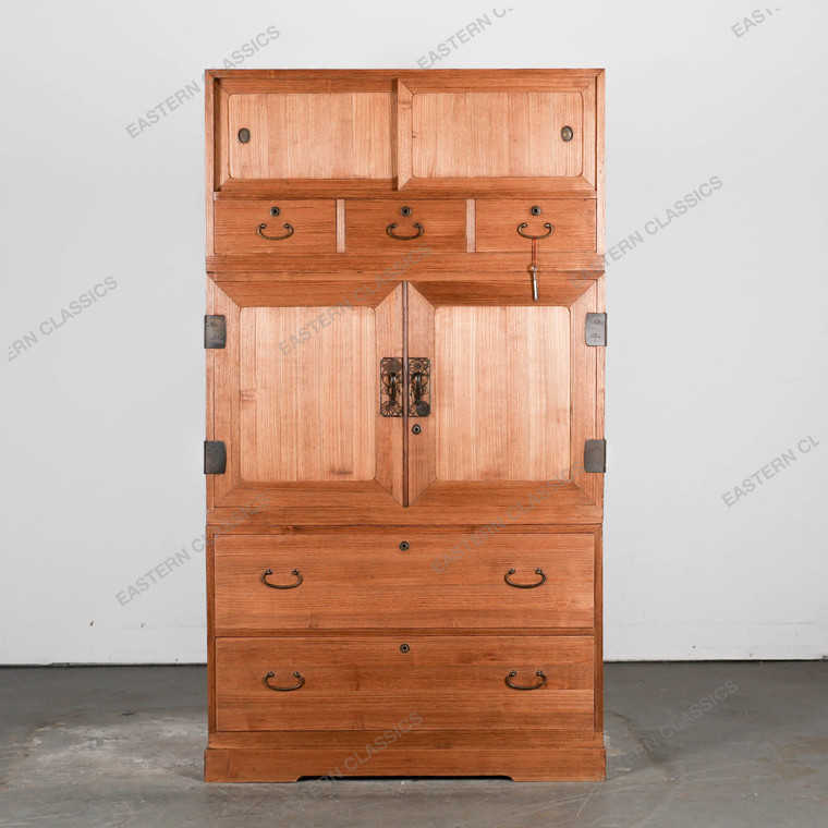 Antique Japanese Three Section Kimono Tansu Chest With Distinctive Floral Kanagu Hardware And Multi Sized Drawers (SKU:… - 