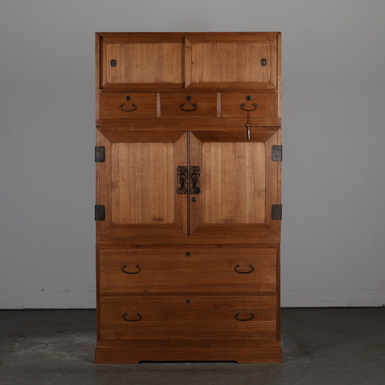Antique Japanese Three Section Kimono Tansu Chest With Distinctive Floral Kanagu Hardware And Multi-sized Drawers - 1920s Taisho Era (25D-A411) - 1