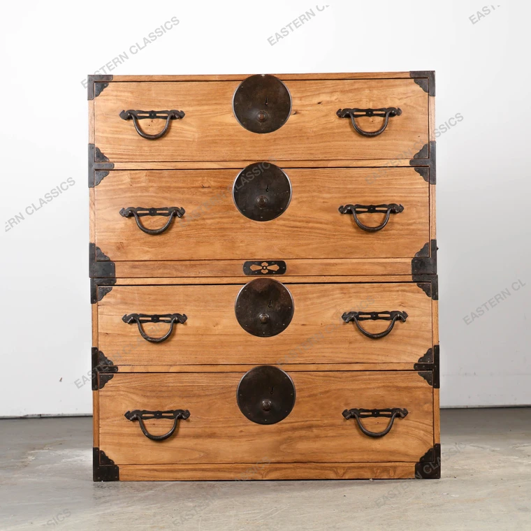 Antique Japanese Two Section Kimono Tansu Chest With Distinctive Hardware On Four Full Width Drawers (SKU: 25D-B401) -