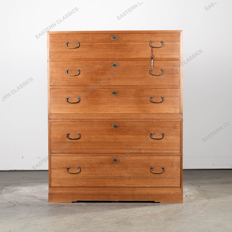 Antique Japanese Two Section Kimono Tansu Chest With Five Full Width Drawers (SKU: 25D-B414) - 