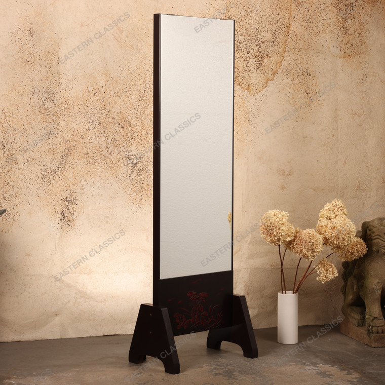 Vintage Japanese Freestanding Lacquered Cheval Mirror with Carved Kiku Relief Base, Heisei Era | SKU: 26M-518 -1