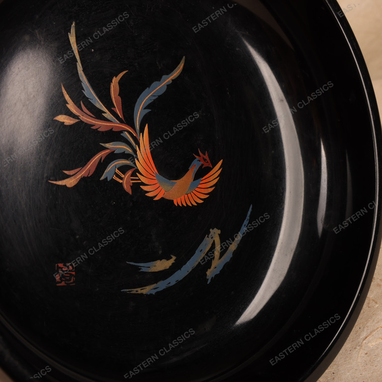 Vintage Japanese Black Lacquer Bowl with Ho-o Phoenix Motif