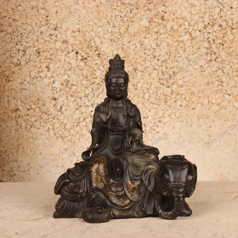 Vintage Japanese Bronze Kannon Bosatsu Seated on Elephant Figurine, Early Showa (1927-1945) | SKU: 26M-880-2 -1