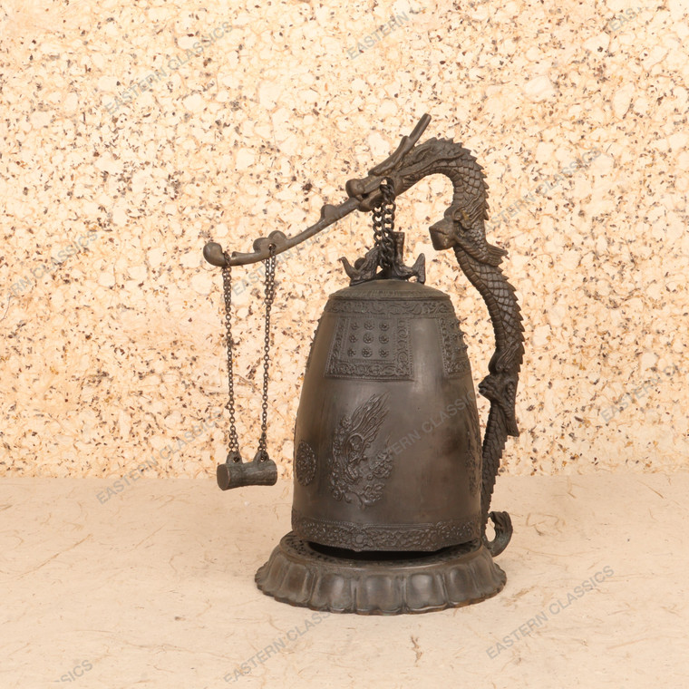 Antique Japanese Bronze Bonsho Temple Bell with Dragon Stand and Shumoku Mallet, Meiji Era (1868-1911) | SKU: 26M-832 -1