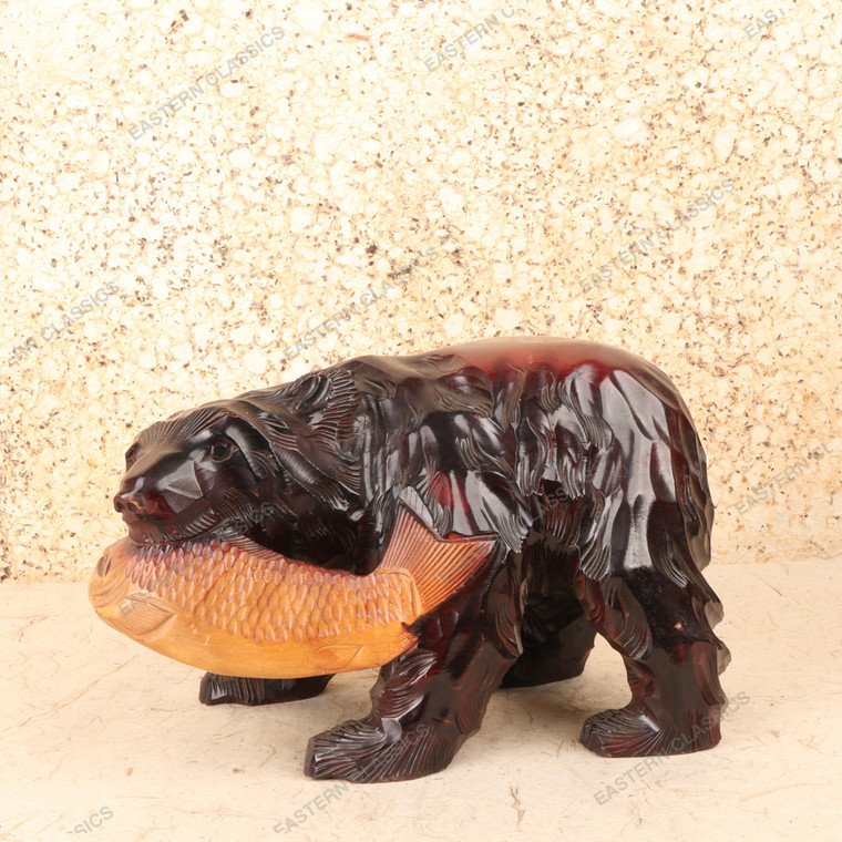 Vintage Japanese Hokkaido Carved Wood Bear with Salmon Figurine, Late Showa (1966-1989) | SKU: 26M-751-2 -1