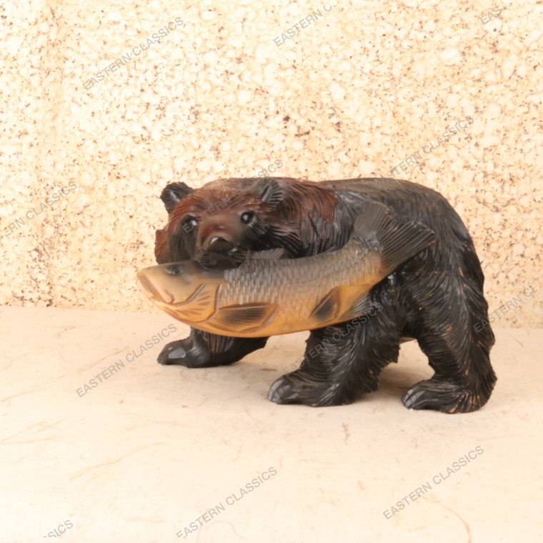 Vintage Japanese Carved Wood Bear with Salmon Sculpture (Hokkaido Kuma Carving), Showa Era 1966-1989 | SKU: 26M-751-3 -1
