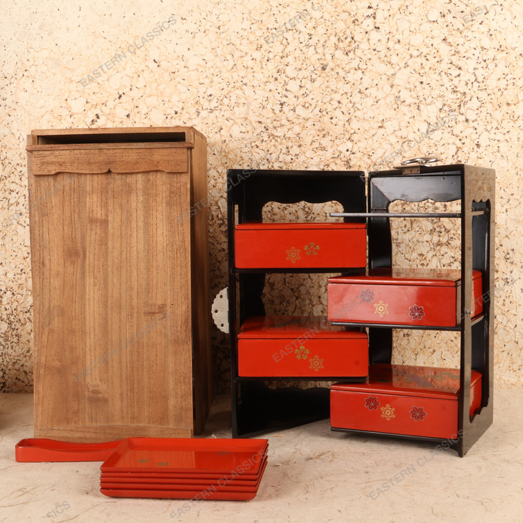 Vintage Japanese Jubako Lacquerware Set with Carrying Stand and Trays, Late Showa 1966-1989 | SKU: 26M-041 - 1