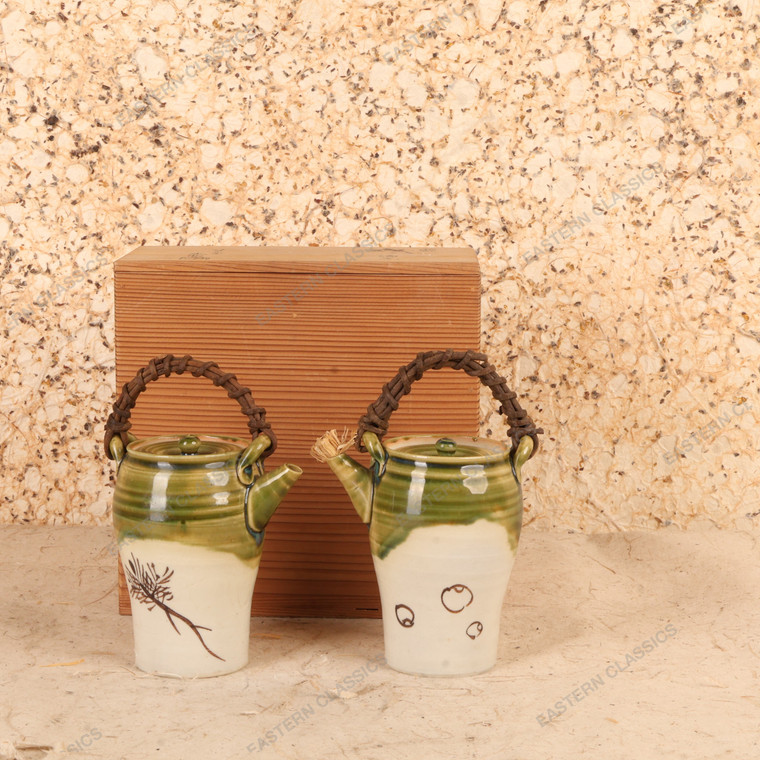 Vintage Japanese Oribe-Style Tokkuri Sake Decanter Pair, Mid-Showa (1946-1965) | SKU: 26M-703-1 - 1