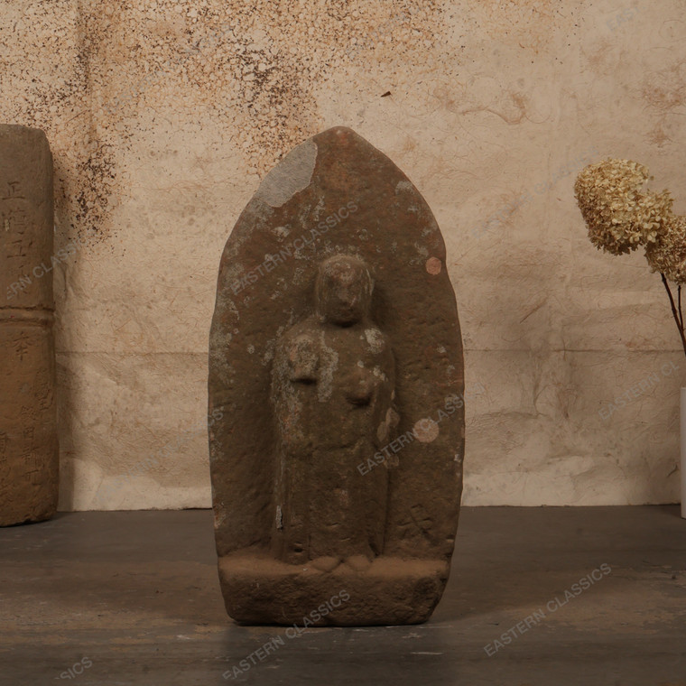 Vintage Japanese Stone Sekibutsu Relief-Carved Standing Bodhisattva Figure, Early Showa era | SKU: 26M-757 - 1