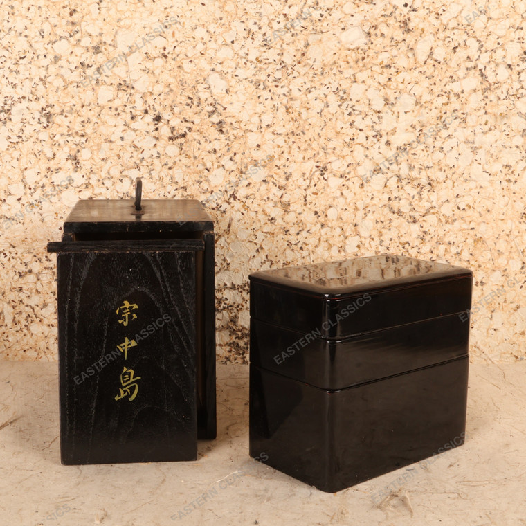 Antique Japanese Black Urushi Lacquer Jubako with Original Wood Carrying Case, Taisho 1912-1926 | SKU: 26M-954-2 - 1