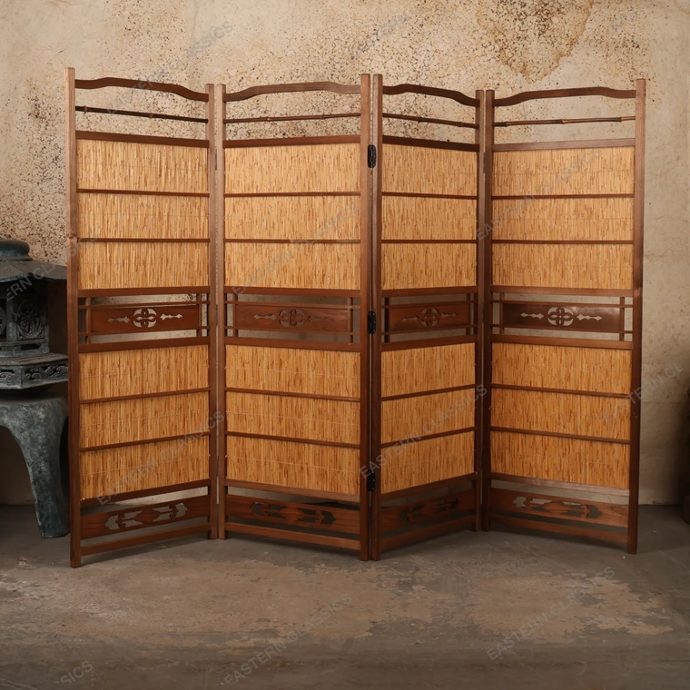 Vintage Japanese Four-Panel Folding Screen with Woven Reed and Carved Wood Lattice, Early Showa (1927-1945) | SKU: 26J-0704 - 1
