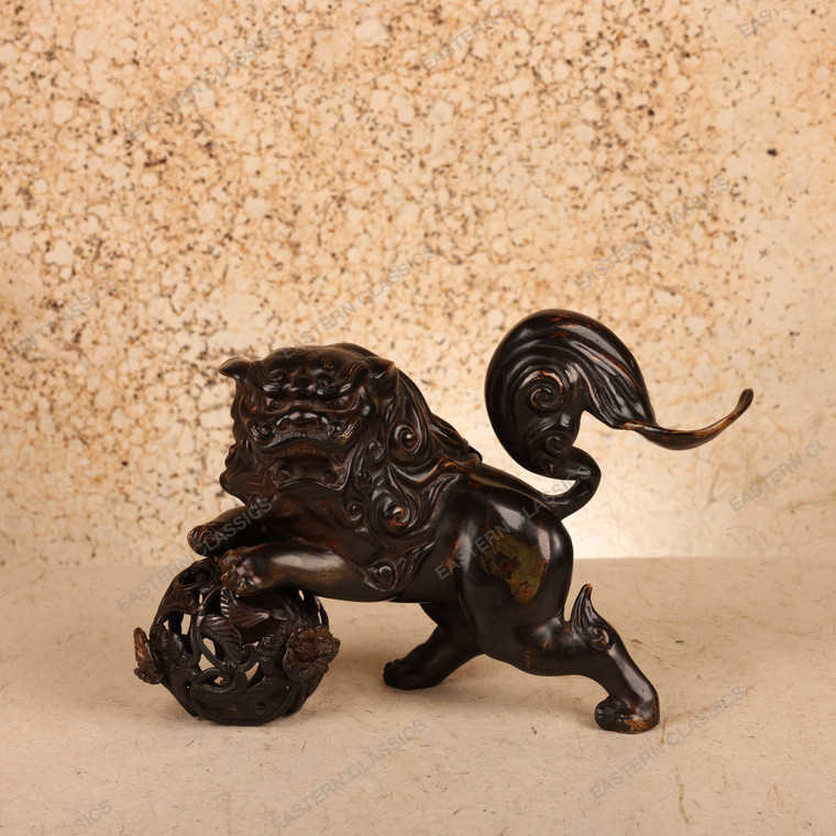 Vintage Japanese Bronze Shishi Lion-Dog Figurine with Temari Ball, Mid-Showa (1946-1965) | SKU: 26J-0458 - 1