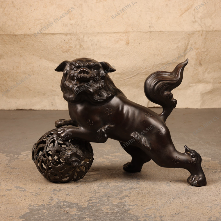 Vintage Japanese Bronze Shishi Guardian Lion-Dog Sculpture with Reticulated Ball, Early Showa 1927-1945 | SKU: 26J-0695 - 1