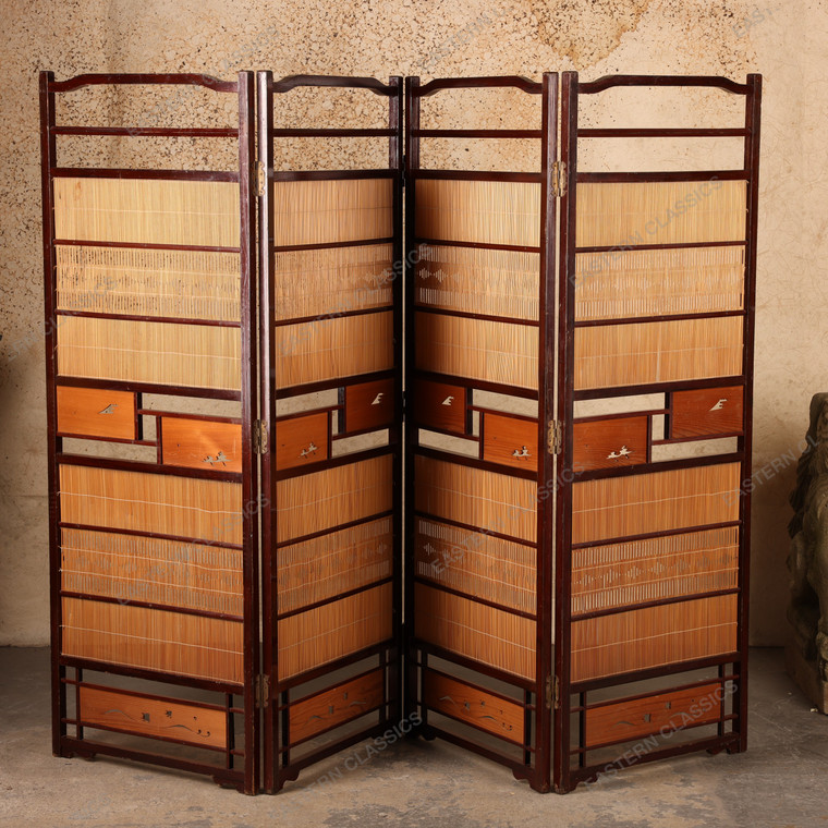 Vintage Japanese Bamboo Byobu Four-Panel Folding Screen, Mid Showa 1946-1965 | SKU: 26J-0189 - 1