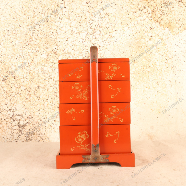 Vintage Japanese Red Lacquer Jubako Stacking Box Set with Carrying Stand, Mid-Showa 1946-1965 | SKU: 26J-0464 - 1