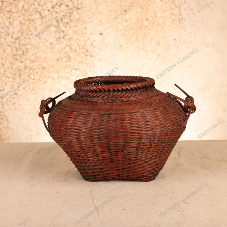 Vintage Japanese Bamboo Kago Storage Basket with Bamboo Node Cup, Mid Showa 1946-1965 | SKU: 26J-0457-1 - 1