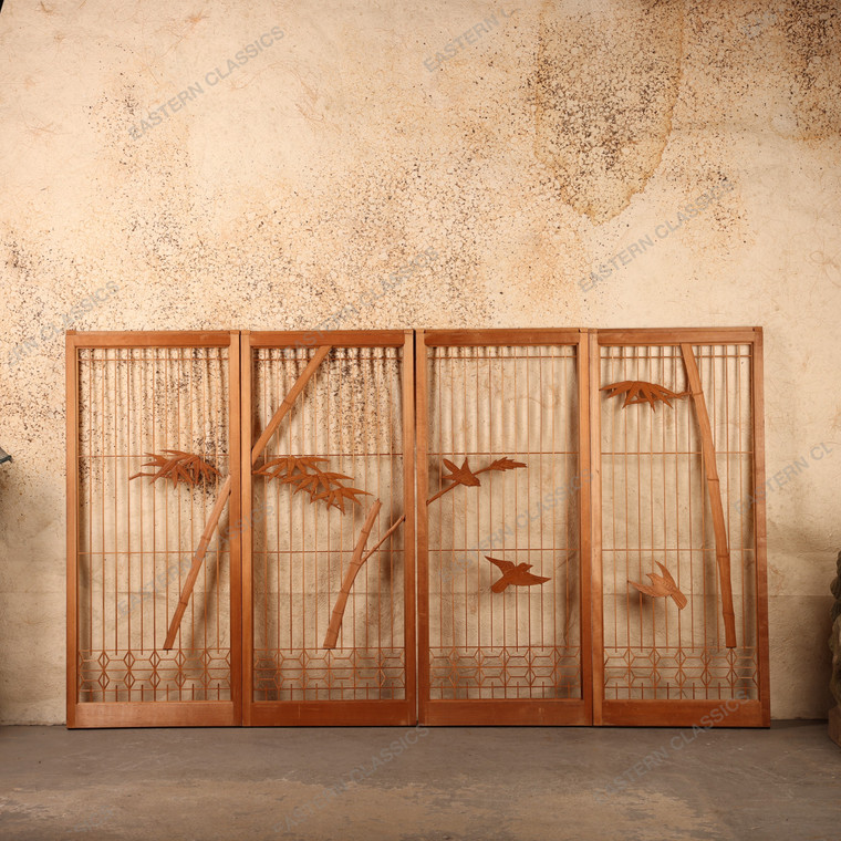 Vintage Japanese Ranma Lattice Transom Panels with Bamboo and Bird Carvings, Set of Four, Late Showa 1966-1989 | SKU: 26J-0538-1 - 1
